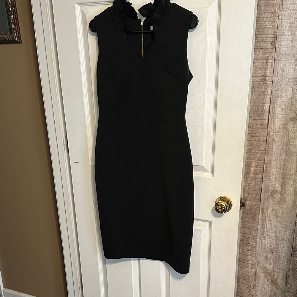 Calvin Klein Black Ruffle Neck Midi Dress